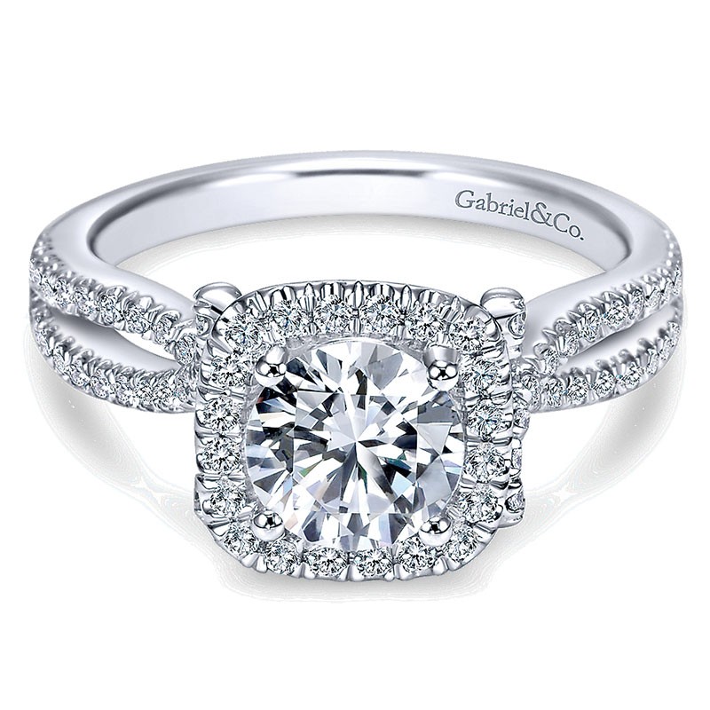 14k white gold pave halo and shank diamond engagement ring